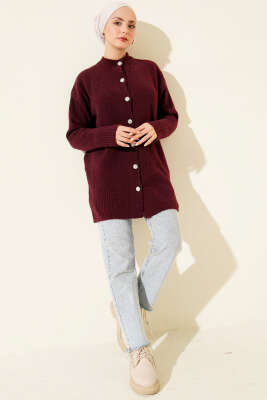 Düğme Detaylı Basic Triko Hırka Bordo - Hırka