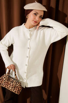 Düğme Detaylı Basic Triko Hırka Ekru - Hırka