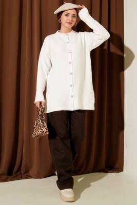 Düğme Detaylı Basic Triko Hırka Ekru - Hırka