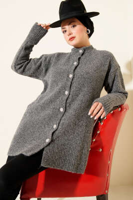 Düğme Detaylı Basic Triko Hırka Füme - VANİZA TRİKO