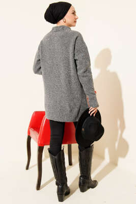 Düğme Detaylı Basic Triko Hırka Füme - Hırka