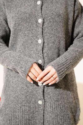 Düğme Detaylı Basic Triko Hırka Füme - Hırka