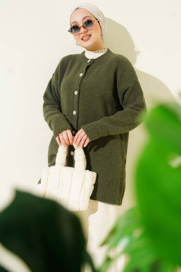 Düğme Detaylı Basic Triko Hırka Haki - Hırka