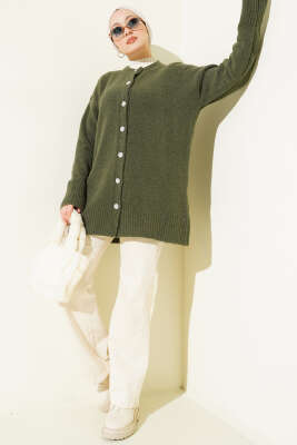 Düğme Detaylı Basic Triko Hırka Haki - Hırka