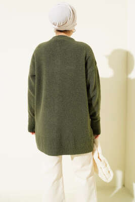 Düğme Detaylı Basic Triko Hırka Haki - Hırka