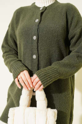 Düğme Detaylı Basic Triko Hırka Haki - Hırka