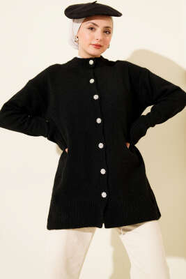 Düğme Detaylı Basic Triko Hırka Siyah - VANİZA TRİKO