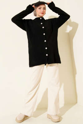 Düğme Detaylı Basic Triko Hırka Siyah - Hırka