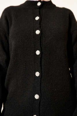 Düğme Detaylı Basic Triko Hırka Siyah - Hırka