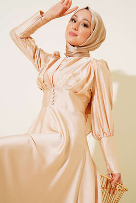 Düğme Detaylı Bileği Fermuarlı Elbise Bej - Thumbnail