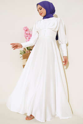 Düğme Detaylı Bileği Fermuarlı Elbise Beyaz - Thumbnail