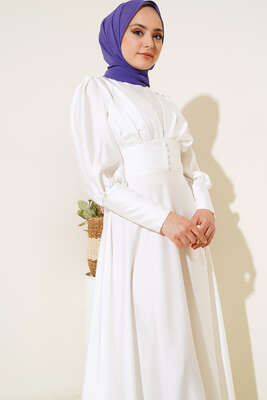 Düğme Detaylı Bileği Fermuarlı Elbise Beyaz - Thumbnail
