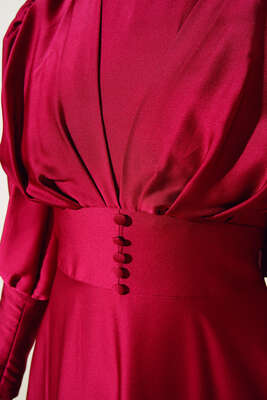 Düğme Detaylı Bileği Fermuarlı Elbise Bordo - Thumbnail