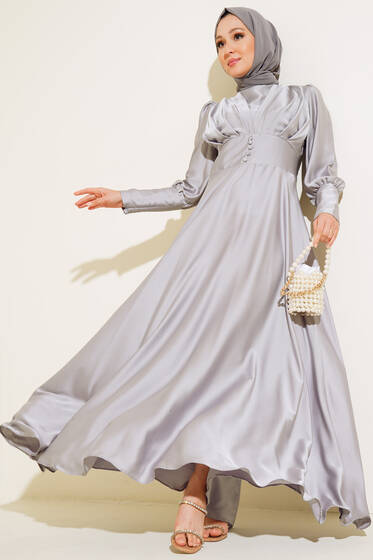 Düğme Detaylı Bileği Fermuarlı Elbise Gri - Elbise