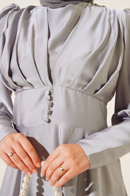 Düğme Detaylı Bileği Fermuarlı Elbise Gri - Thumbnail