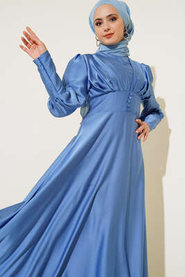 Düğme Detaylı Bileği Fermuarlı Elbise İndigo - Thumbnail