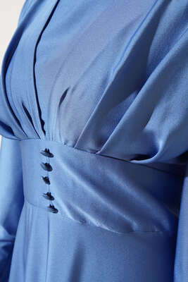 Düğme Detaylı Bileği Fermuarlı Elbise İndigo - Thumbnail