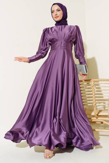 Düğme Detaylı Bileği Fermuarlı Elbise Menekşe - Elbise