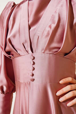 Düğme Detaylı Bileği Fermuarlı Elbise Pudra - Thumbnail