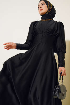 Düğme Detaylı Bileği Fermuarlı Elbise Siyah - Thumbnail