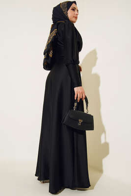 Düğme Detaylı Bileği Fermuarlı Elbise Siyah - Thumbnail