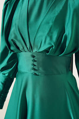 Düğme Detaylı Bileği Fermuarlı Elbise Yeşil - Thumbnail