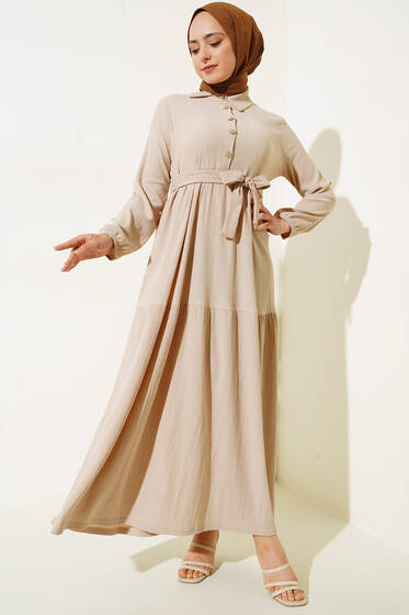 Düğme Detaylı Bürümcük Elbise Bej - Tesettür Elbise