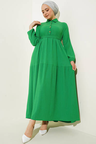Düğme Detaylı Bürümcük Elbise Benetton - Tesettür Elbise