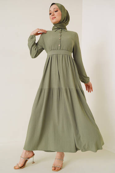 Düğme Detaylı Bürümcük Elbise Çağla Yeşili - Tesettür Elbise