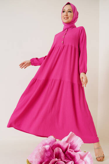 Düğme Detaylı Bürümcük Elbise Fuşya - Tesettür Elbise