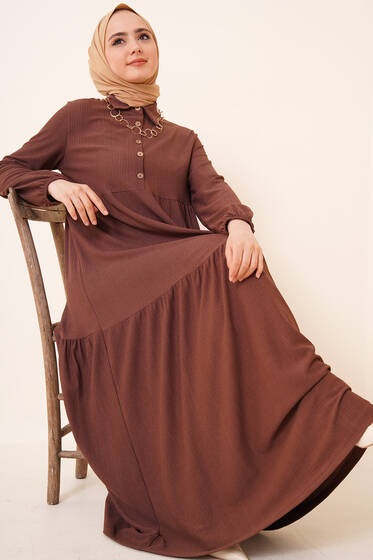 Düğme Detaylı Bürümcük Elbise Kahve - Tesettür Elbise