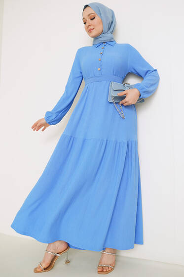 Düğme Detaylı Bürümcük Elbise Mavi - Tesettür Elbise