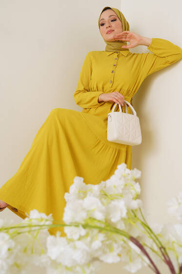 Düğme Detaylı Bürümcük Elbise Neon Yeşil - Tesettür Elbise