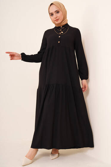 Düğme Detaylı Bürümcük Elbise Siyah - Tesettür Elbise