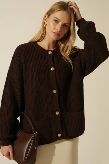 Düğme Detaylı Cepli Triko Hırka Kahve - Kadın Giyim Modelleri