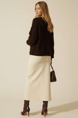 Düğme Detaylı Cepli Triko Hırka Kahve - Kadın Giyim Modelleri