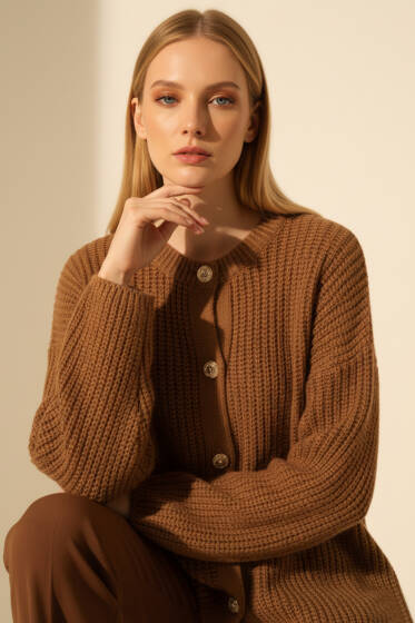 Düğme Detaylı Cepli Triko Hırka Latte - Kadın Giyim Modelleri