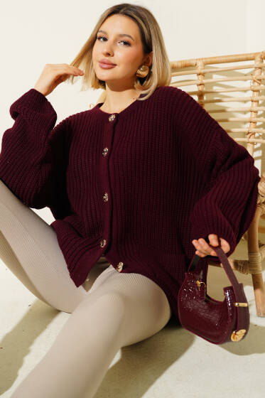 Düğme Detaylı Cepli Triko Hırka Mürdüm - Kadın Giyim Modelleri