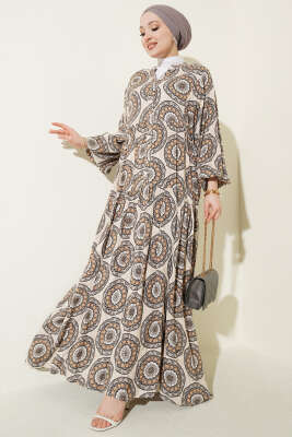 Düğme Detaylı Desenli Elbise Gri 