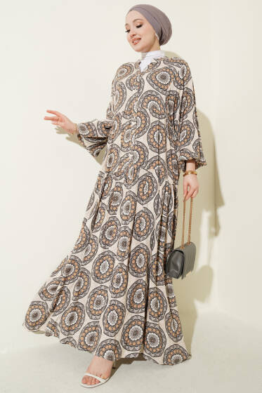 Düğme Detaylı Desenli Elbise Gri - Elbise