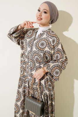 Düğme Detaylı Desenli Elbise Gri - Elbise