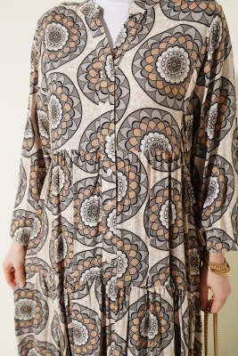 Düğme Detaylı Desenli Elbise Gri - Elbise