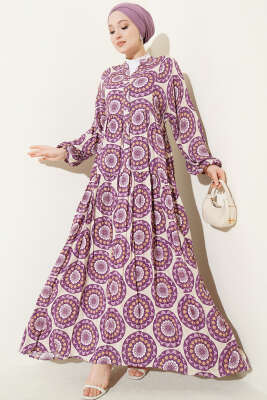Düğme Detaylı Desenli Elbise Lila 