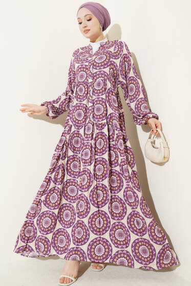 Düğme Detaylı Desenli Elbise Lila - Elbise