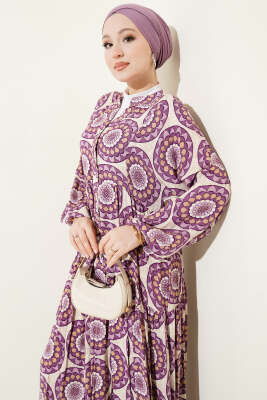 Düğme Detaylı Desenli Elbise Lila - Elbise
