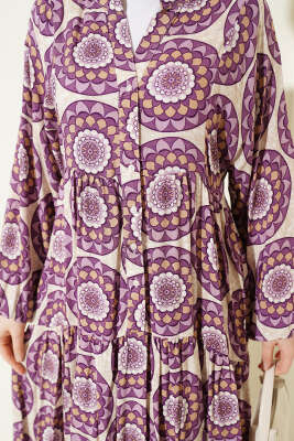 Düğme Detaylı Desenli Elbise Lila - Elbise