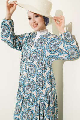 Düğme Detaylı Desenli Elbise Mavi - Elbise