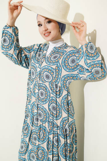 Düğme Detaylı Desenli Elbise Mavi - Elbise