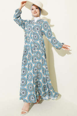 Düğme Detaylı Desenli Elbise Mavi - Elbise