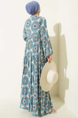 Düğme Detaylı Desenli Elbise Mavi - Elbise